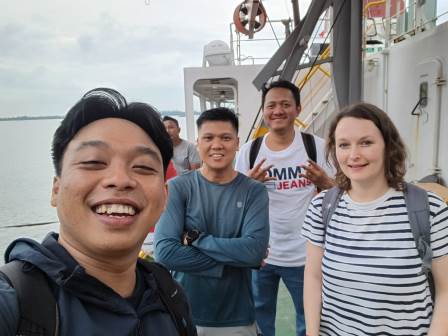 Engga, Dendi, Gede, and Charlotte on the Perintis ferry on the way to Enggano island for the end-of-grant celebration and delivery of textbooks and dictionaries